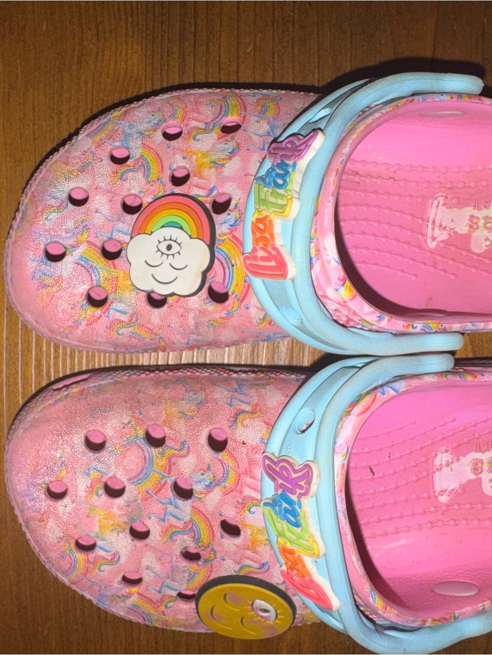 CROCS Kids Pink Rainbow Cloud Clog Sandals with Blue Strap Size 12